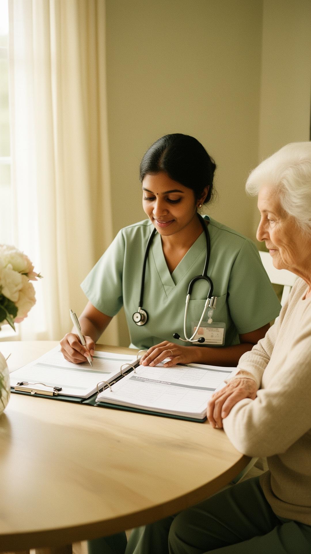 A registered nurse reviewing a personalized care plan with a senior in a warm, sunlit home