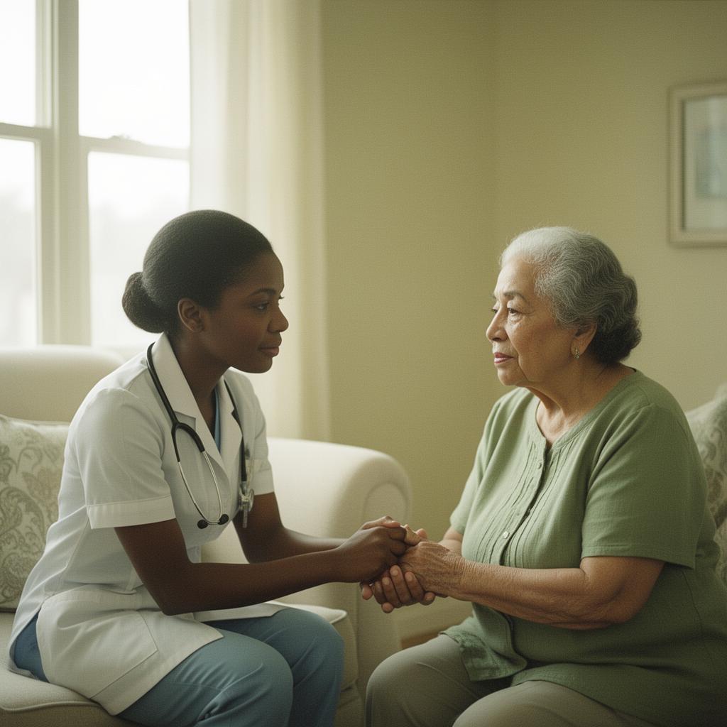 A nurse warmly holding the hands of an elderly woman